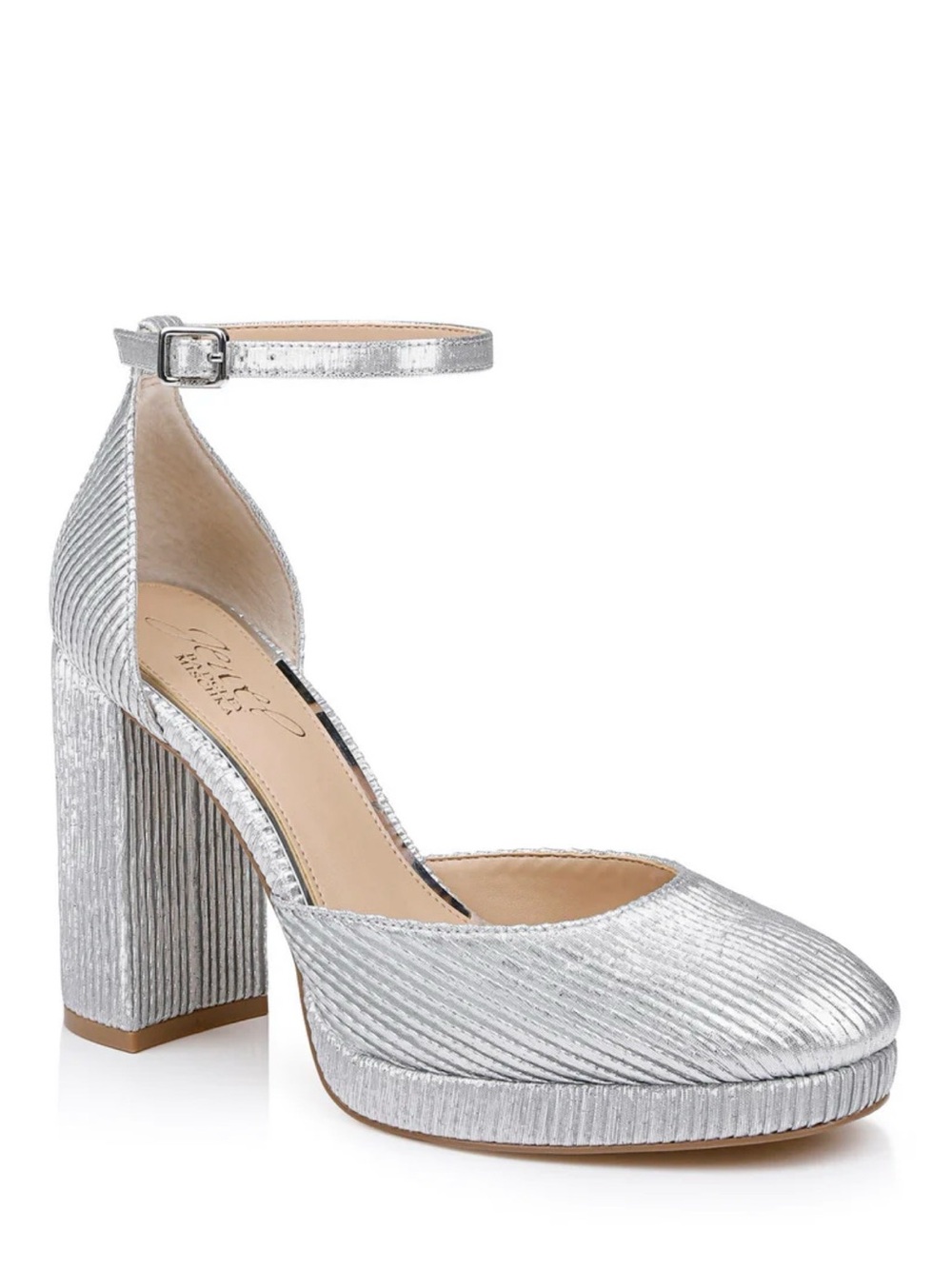 Jewel Badgley Mischka Metallic Silver Ribbed Block Heel Pumps with Ankle Strap